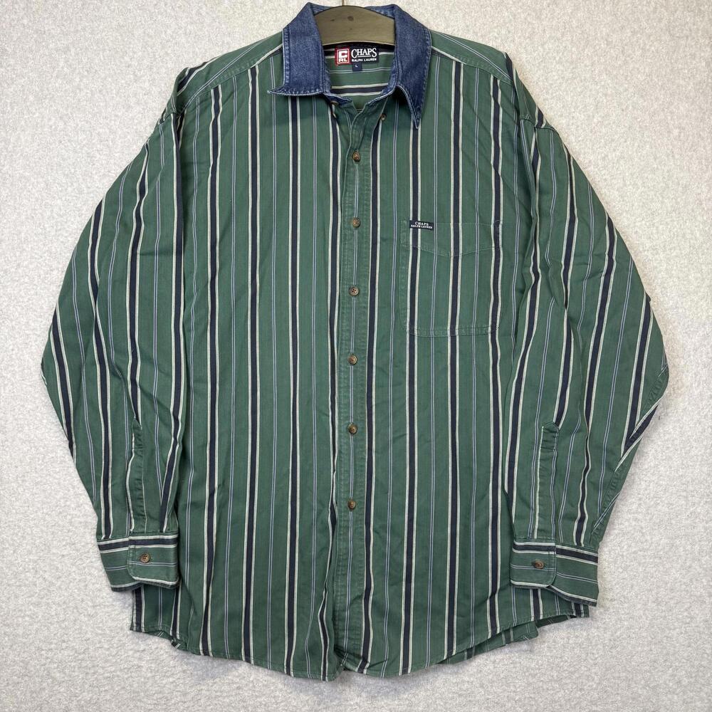 Vintage Chaps X Ralph Lauren Men Size Large Cotton Green Long Sleeve Button Down